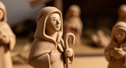 Handmade terracotta shepherd figurine with crook, part of a traditional nativity scene, depicting a peaceful religious holiday.