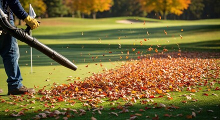 Autumn Lawn Care: Male Worker Using Leaf Blower to Clear Leaves from Golf Course Green