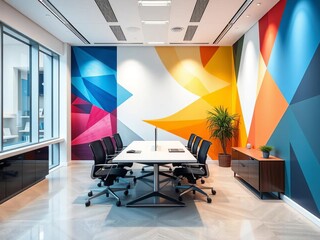Abstract geometric patterns on walls add a dynamic touch to a minimalist modern office,  urban,  wall
