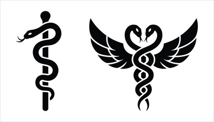 Black Caduceus and Asclepius symbols with snakes and wings on white background medical health