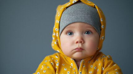 Cute Baby Wears Yellow Outfit With Gray Hat Looking Curious