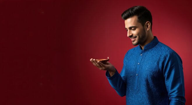 Smiling young adult Indian man in a traditional blue embroidered kurta holding a lit clay diya, celebrating a festival against a vibrant red background.