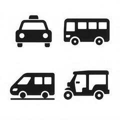Simple black icons of taxi, bus, van, and tuk tuk white background. These icons represent different modes of transportation, each with distinct shape and design, suitable for various travel needs