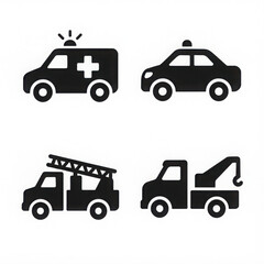 Silhouette icons of emergency and service vehicles including ambulance, police car, fire truck, and tow truck