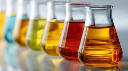 Colorful Liquids in Flasks Arranged on a Reflective Surface