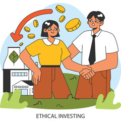 Two diverse people in casual clothing shaking hands with coins flying around and buildings in the background symbolizing ethical investing and 