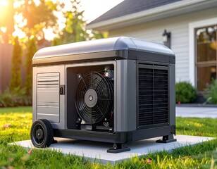 Home Backup Generator on Concrete Pad in Yard.