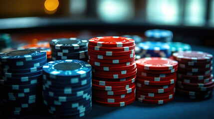 Colorful Poker Chips Stacked on a Gaming Table at Night