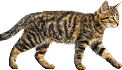 Isolated brown tabby domestic short-haired cat walking forward