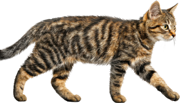 Isolated brown tabby domestic short-haired cat walking forward