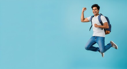 Excited young Indian male student with backpack jumping in air, celebrating success against a vibrant blue background.