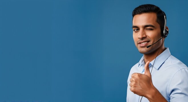 Friendly young adult Indian man wearing a headset, winking and giving a thumbs-up, symbolizing excellent customer service and support.