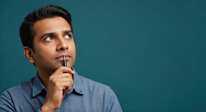 Thoughtful young adult Indian man in a blue shirt holding a pen to his lips, looking upwards, contemplating ideas or problem-solving against a teal background.
