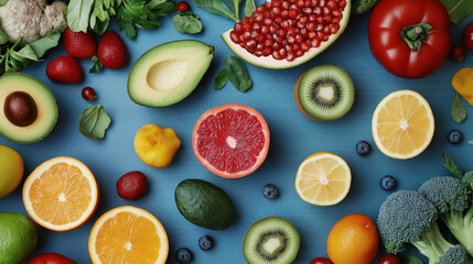 Bright Fruits and Veggies on Blue Surface