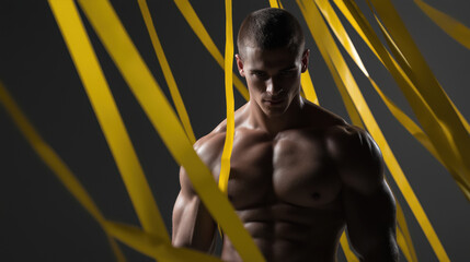 Strong Man Posing Amidst Vibrant Yellow Ribbons in Studio