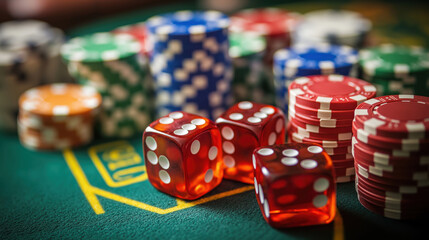 Colorful Chips and Dice Set on a Green Gaming Table