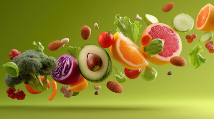 Vibrant Fruits and Vegetables Floating in Fresh Air