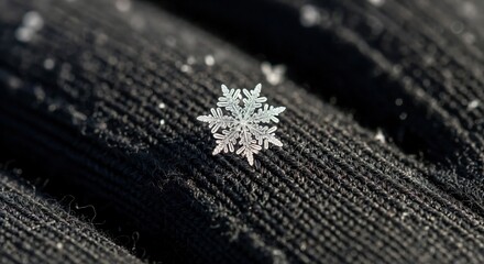 Detailed macro shot of a delicate, intricate snowflake resting on dark knitted fabric, showcasing its unique crystalline structure on a cold winter day.