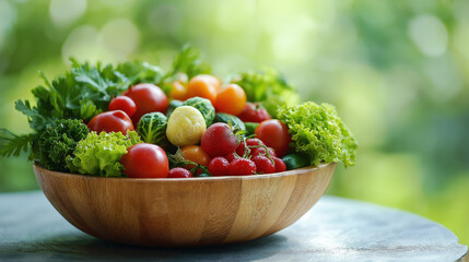 Freshly Harvested Vegetables and Greens in a Wooden Bowl