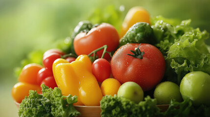 Fresh Vegetables and Fruits in a Wooden Bowl on a Sunny Day