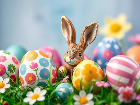 A whimsical bunny figurine peeking from behind colorful Easter eggs , painted, creative
