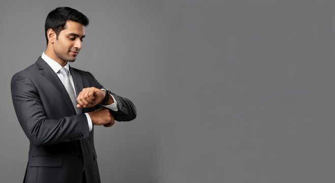 Smiling young South Asian businessman in a sharp dark suit checking his wristwatch, conveying punctuality and time management in a professional studio setting.