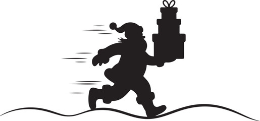 Black silhouette of Santa Claus running with gifts
