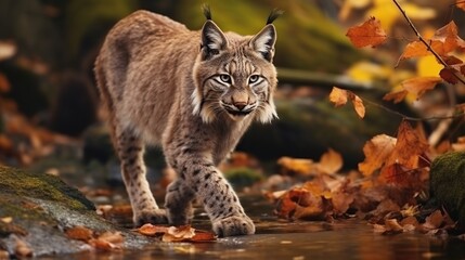 A majestic lynx with striking facial features walks through a vibrant autumn forest with fallen leaves.