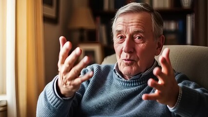 Thoughtful senior man passionately articulating his perspective and insights during a lively discussion, using expressive hand gestures in a comfortable home setting
