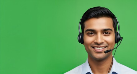 Friendly young adult Indian man wearing a headset with a microphone, smiling confidently at the camera against a vibrant green screen background, ideal for customer service or communication concepts.