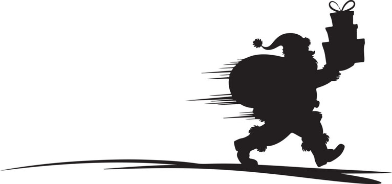 Black silhouette of Santa Claus running with gifts and sack