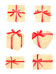 赤いリボンをかけたギフトボックス　水彩イラスト