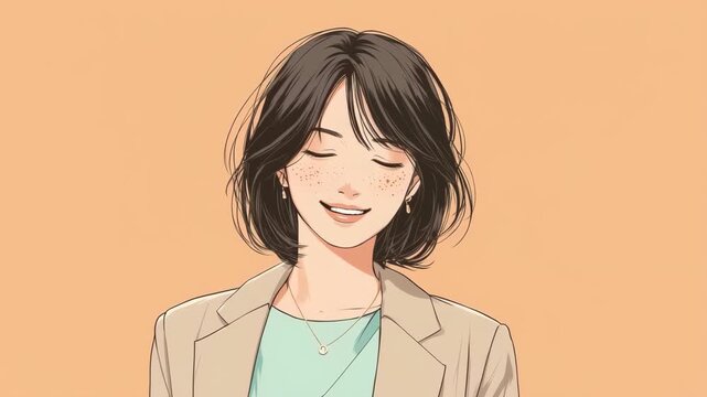 女性がベージュ上着で穏やかに微笑む