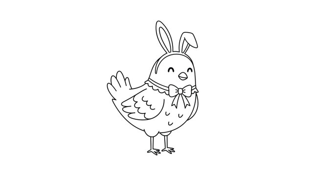 Adorable cartoon baby chicken wearing a bunny ears headband and a decorative bow tie, presented as a black and white outline for coloring.