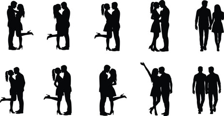 Black Silhouettes of Romantic Couples – Kissing, Hugging, Walking Hand in Hand in Various Affectionate Poses – Vector Clipart
