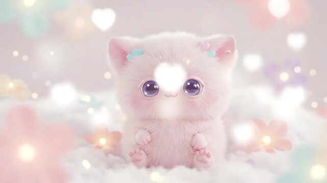Adorable Cute Kitten Illustration with Pastel Colors and Dreamy Background for Children
