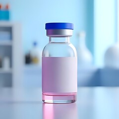 Vaccine vial with blue cap on a blue surface in a laboratory setting shot