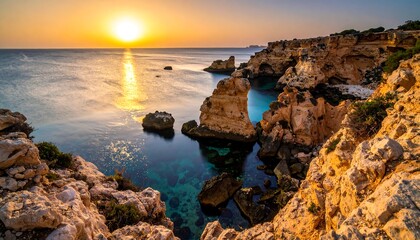 Sunrise over a dramatic coastline with turquoise water and rock formations