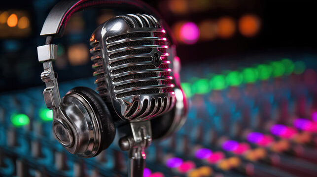 Classic Microphone and Headphones Set Against Colorful Mixer