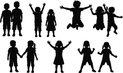 Black Silhouettes of Children – Jumping, Dancing, Holding Hands, and Expressing Joy in Playful Poses – Vector Clipart Set