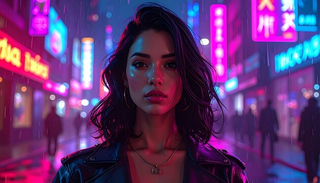 Woman in leather jacket stares directly at viewer, neon-lit city in background