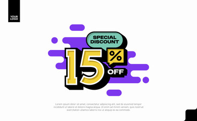 Special Discount 15 Percent Off Banner Design in Modern Yellow and Purple Style