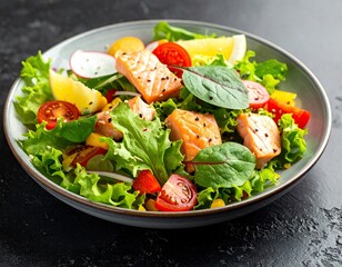 Delicious Salmon Salad with Fresh Greens and Cherry Tomatoes.
