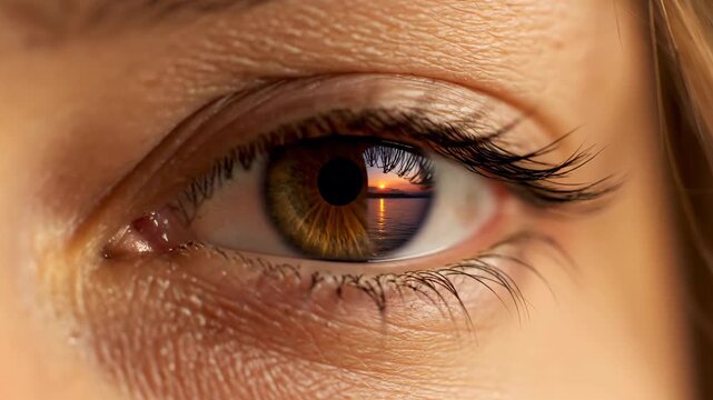 An extreme close-up of a brown eye vividly reflecting a beautiful sunset over the water.