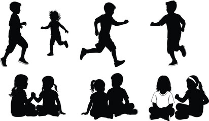 Black Silhouettes of Children – Running, Sitting, and Interacting in Playful and Social Poses – Vector Clipart Set