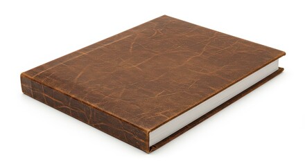 Close up of a brown leather bound book with blank white pages