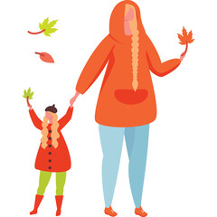 Two figures one adult and one child holding hands with autumn leaves in orange and red outfits representing fall season and family bonding