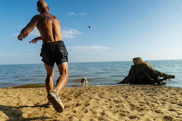 Man Plays Fetch With Dog on Sandy Beach by the Water