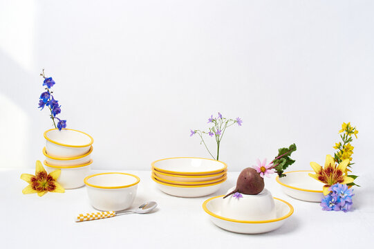 Colorful table with flowers and beetroot