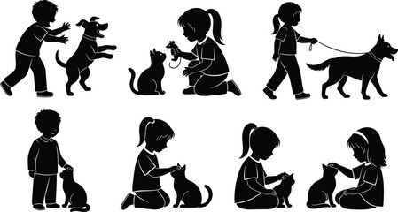 Black Silhouettes of Children with Pets – Playing, Walking, and Petting Dogs and Cats – Vector Clipart for Companionship Themes